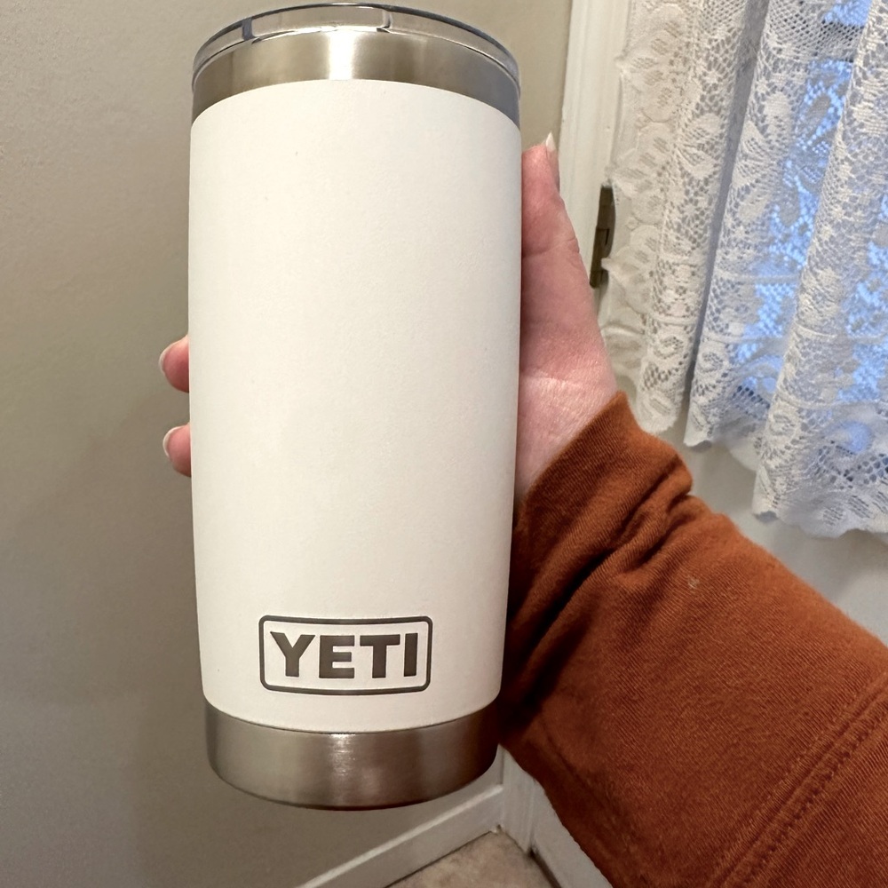 NEW white Yeti tumbler (20oz) with stickers included)